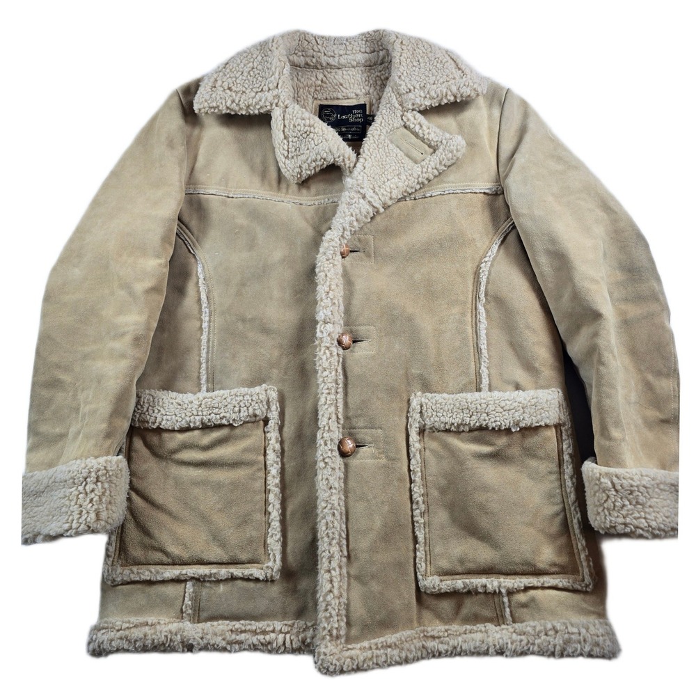 Vintage Sears Leather Suede Rancher Coat Mens XLT 46 Tall Tan Shearling Lined